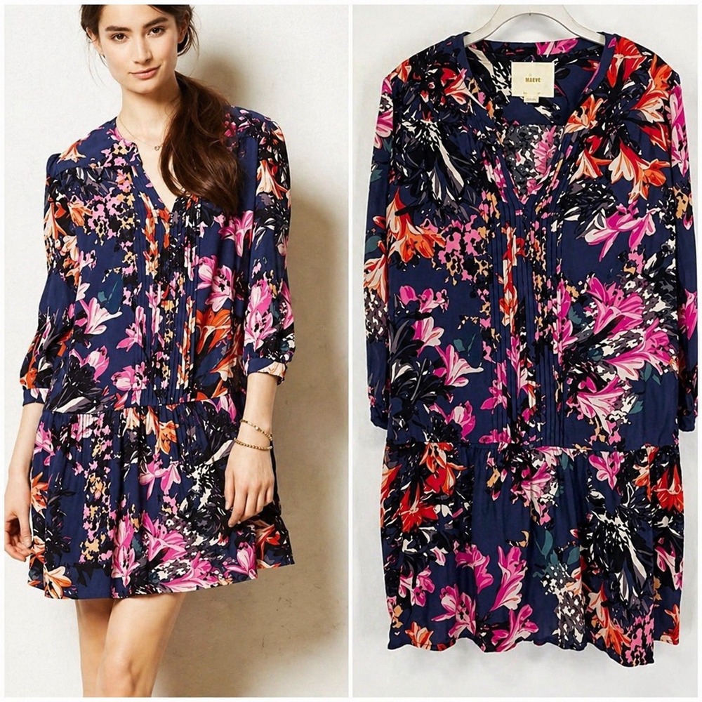 Maeve Anthropologie Caravane Mini Dress Navy Floral Long Sleeve Relaxed Size M